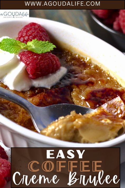 Creme Brulee at home and it couldn't be easier! Creamy coffee flavored custard with crisp caramelized sugar on top. Step by step how-to photos for this easy, impressive make ahead dessert. #easycoffeecremebrulee #coffeecremebrulee #cremebrulee #coffeedessert #agoudalife Coffee Creme Brulee Recipe, Coffee Creme Brulee, Mixed Berry Crisp, Creme Brulee Desserts, Creme Brulee Recipe, Brulee Recipe, Seafood Pasta Recipes, Creamy Coffee, Make Ahead Desserts