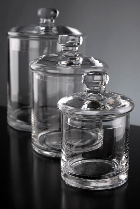 Set of 3 Clear Glass Apothecary Canister Jars  5", 7" &  9" Cheap Bathroom Storage, Tiny Terrarium, Toples Kaca, Glass Kitchen Canisters, Bathroom Storage Ideas, Cheap Bathroom, Cheap Bathrooms, Kitchen Organisation, Kitchen Jars