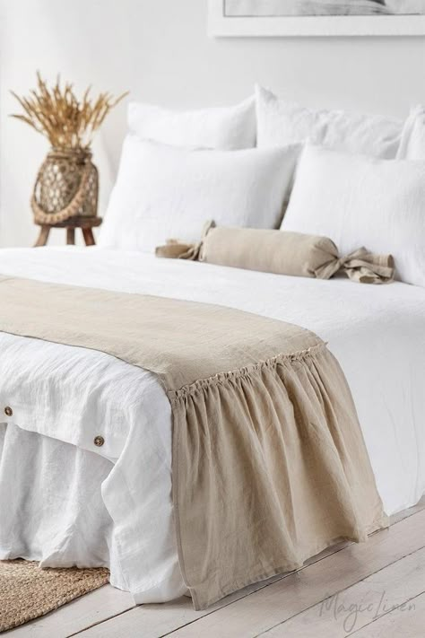 Beautiful Bedding Sets, Bed Design Ideas, Bed Scarf, Linen Bed, Bantal Sofa, White Linen Bedding, Bed Runner, Belgian Linen, Beautiful Bedding