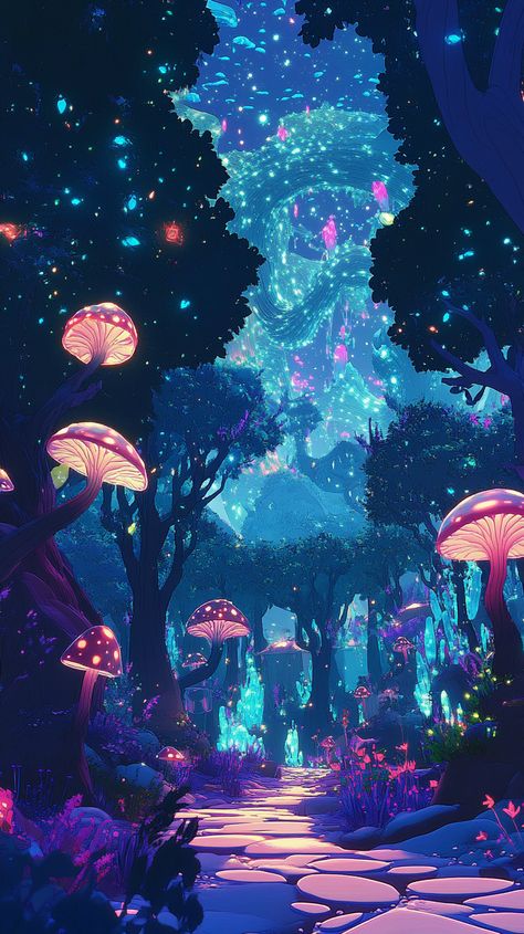 A mystical forest where trees have glass-like leaves, glowing mushrooms float in mid-air, and ethereal creatures dance under a kaleidoscopic sky filled with swirling stars. Hero Comic, Glowing Mushrooms, Comic Ideas, Mystical Forest, Mystical Creatures, Superhero Comic, Comic Heroes, Super Hero, Surrealism