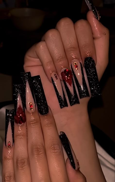 Wedding Nails Red And Black, Prom Nails Acrylic Red And Black, Mascarade Nail Designs, Black And Red Nails For Prom, Black Red Bottom Nails With Rhinestones, Nails Acrylic Black Design, Black And Red Nails With Rhinestones, Red And Black And Gold Nails, Black And Red Bottom Nails