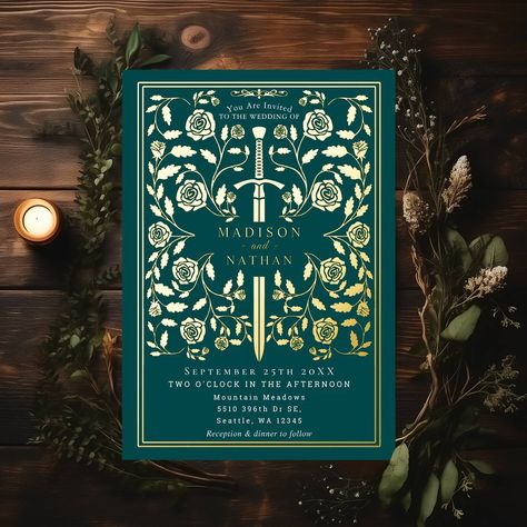 Teal Royal Medieval Sword Wedding Foil Invitation Invite your wedding guests with this Royal Gold Sword Medieval Fantasy design. It is perfect for couples seeking a regal yet modern medieval fantasy aesthetic. For more invitations and gifts, our Zazzle shop #linkinbio #Zazzlemade #weddingstationery #weddinginvitation #weddingplanner #weddingplans #weddinginspiration #weddinginspo #elegantwedding #weddingtrends #weddingsuite #weddinginvites #weddingideas #weddinginvitations #weddinginvites ... Medieval Fantasy Aesthetic, Mexican Wedding Invitations, Hobbit Day, Graphic Wedding Invitations, Cherry Blossom Wedding Invitations, Royal Wedding Invitation, Deco Wedding Invitations, Fantasy Ball, Modern Medieval