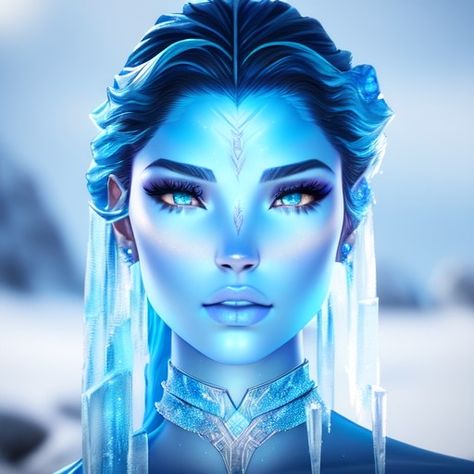 Blue Skin Female Character, Blue Skin Fantasy Art, Blue Hair Dnd Character Female, Dnd Blue Hair Female, Beautiful Alien Female, Sea Elf Female Dnd, Blue Hair Elf Female, Blue Hair Goddess Art, Hybrid Art