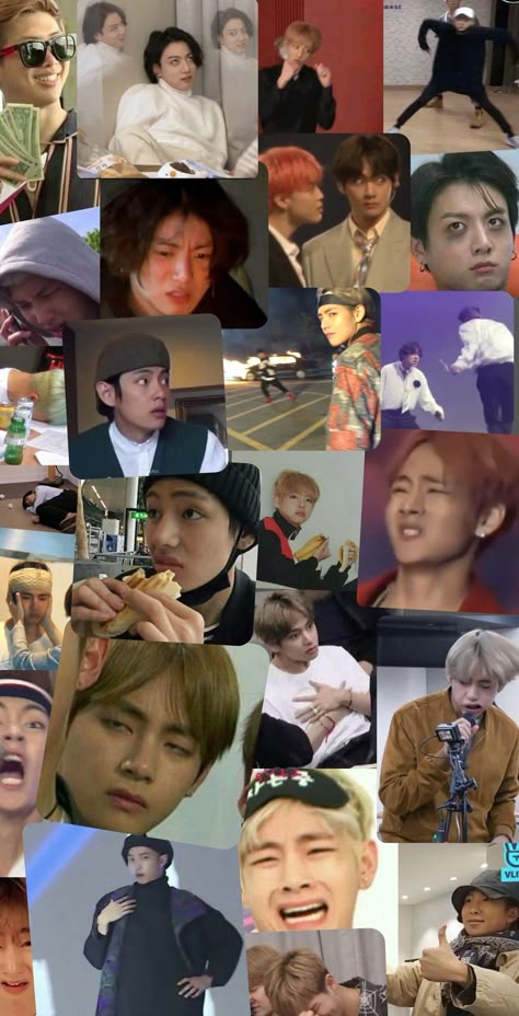 Funny Bts Wallpaper Lockscreen, Bts Memes Funny Pictures, Kpop Meme Wallpaper, Bts Funny Wallpaper, Ot7 Bts Wallpaper, Bts Wallpaper Collage, Bts Funny Faces, Wallpaper Meme, Bts Logo