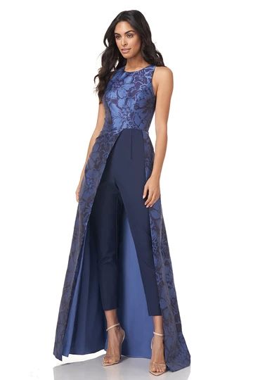 Formal Walk Through Jumpsuit, Kay Unger Jumpsuit Gown, Blue Wedding Jumpsuit, Jumpsuit Dress Formal, Prom Jumpsuit With Train, Pantsuits For Women Wedding Guest, Formal Pantsuits For Women, Sari Ideas, Prom Jumpsuit