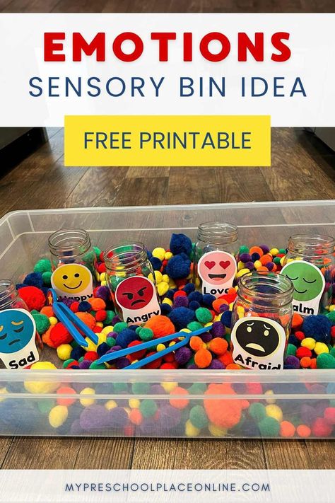 This simple emotions sensory bin idea, inspired by the book, The Color Monster, offers a creative way for preschoolers to learn about feelings. This easy sensory activity does triple duty. It helps kids learn about their emotions while practicing their color recognition and fine motor skills. Grab the free printable and make this emotions activity a part of your child’s learning time at home! Get all the details on the blog today. Feeling Books For Preschool, Sensory Feelings Activities, Sensory Art Activities Preschool, Feelings Sensory Bin Preschool, Music Sensory Bin Preschool, Feelings Literacy Activities Preschool, Social Emotional Themes For Preschool, Emotions Sensory Bin Preschool, Sensory Buckets For Preschool