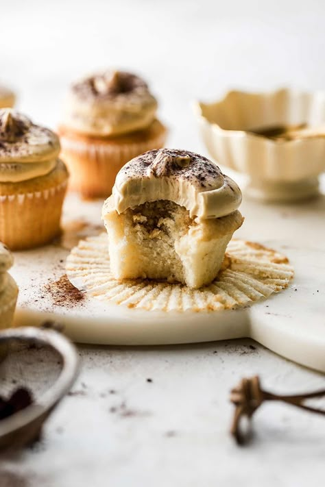 Vanilla Latte Cupcakes - Baran Bakery Baking Recipes From Scratch, Batch Baking, French Buttercream, Coffee Cupcakes, Vanilla Cupcake Recipe, Small Cakes, Cupcake Flavors, Vanilla Latte, Delicious Treats