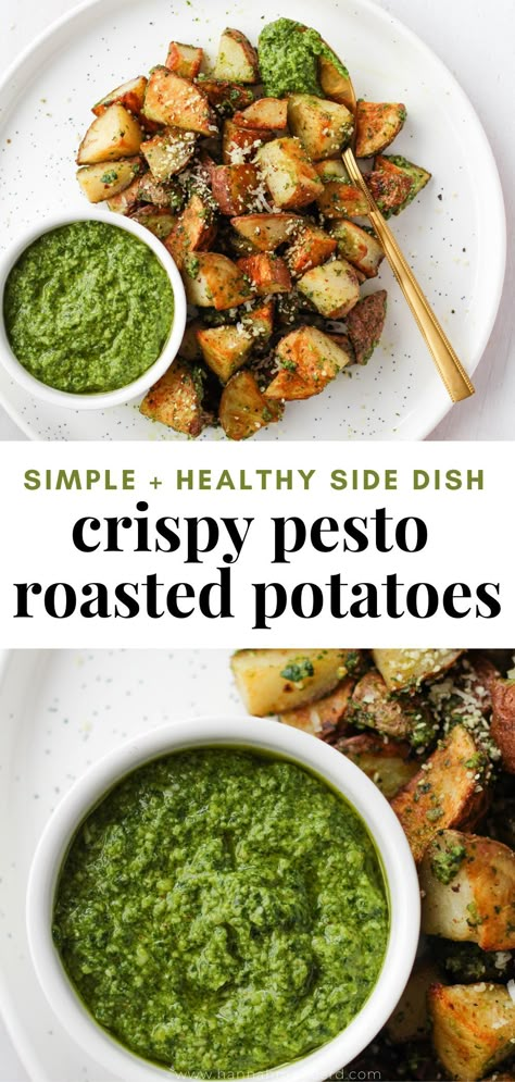 Cheap Healthy Dinner Sides, Pesto New Potatoes, Roasted Pesto Potatoes, Pesto And Potatoes, Parmesan Pesto Roasted Potatoes, Pesto Potatoes Roasted, Healthy Steak Sides, Gluten Free Side Dishes Summer, Recipes With Pesto Healthy