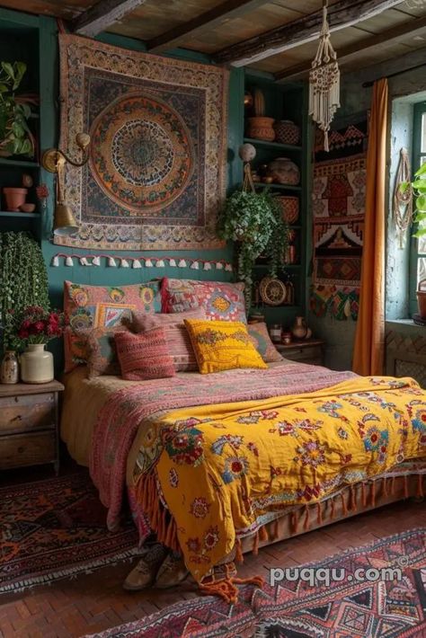 Bohemian Interior Design Bedroom, Blue Bedroom Walls, Boho Bedroom Design, Boho Style Bedroom, Bohemian Interior Design, Casa Vintage, Vintage Bedroom, Boho Bedroom Decor, Bedroom Vintage