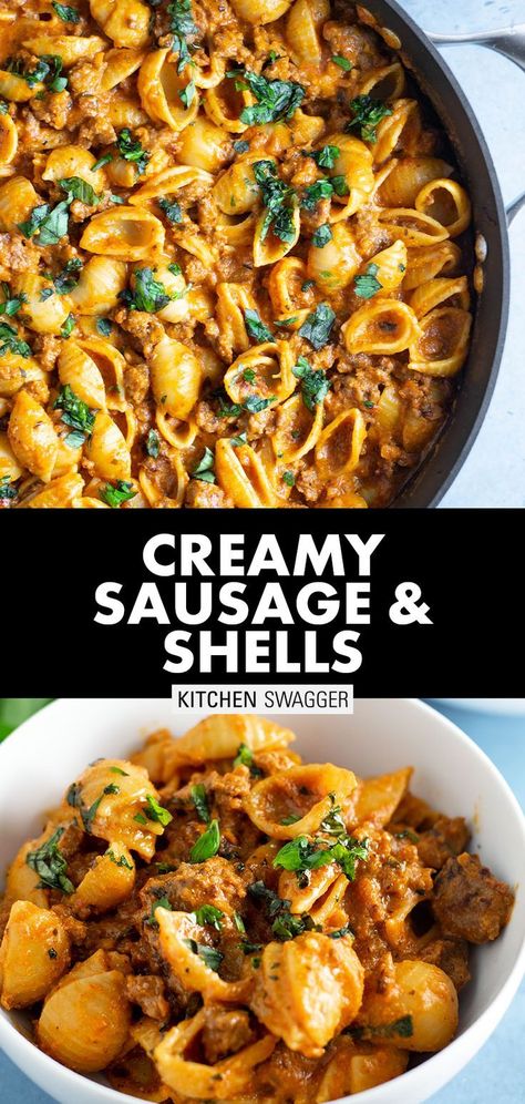 Creamy sausage shells is a sausage twist on bolognese. Simple cream-based pasta sauce prepared with sweet and spicy Italian sausage and shells. #pasta #creamypasta #dinnerrecipes #italian Sausage And Shells, Sausage Dinners, Sweet Italian Sausage Recipes, Shells Pasta, Shell Pasta Recipes, Shell Pasta, Spicy Italian Sausage, Italian Sausage Pasta, Creamy Pasta Recipes