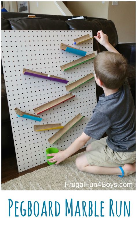 Engineering for Kids:  Build a Changeable Pegboard Marble Run. This is a great STEM project because kids can build it themselves, and it's easy to move the pieces around! Marble Tracks, Projects School, Diy Marble, Marble Run, Woodworking For Kids, Stem Projects, Building For Kids, Peg Board, Kids Playroom