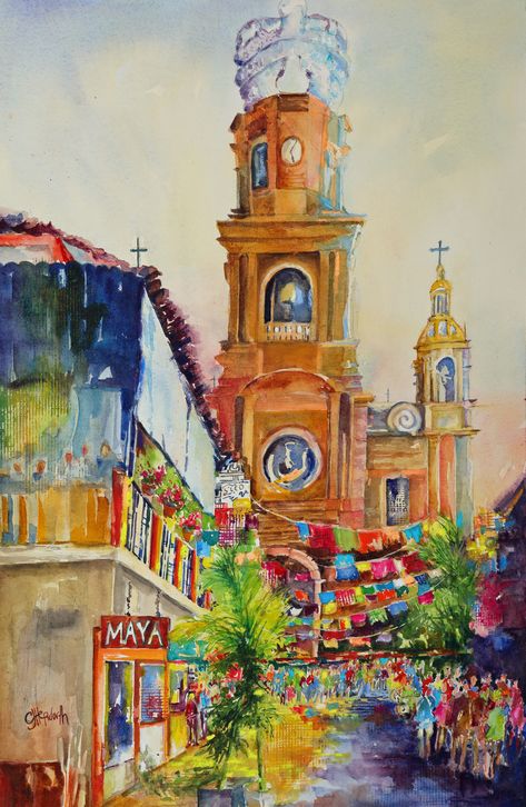 Puerto Vallarta, remember me.... This was in 2018 Spring Exhibition and made Utah Arts Traveling Show.  They exhibit about 25 watercolor pieces different place throughout Utah Mexico Art Print, Mexican Landscape Art, Mexico Painting Ideas, Mexican Mural Art, Mexico Culture Art, Panchito Pistoles, Mexico Drawing, Latina Lifestyle, Mexico Watercolor