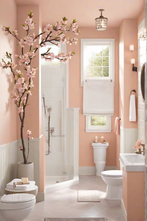 Welcome to a soothing escape with "Peach Blossom Paradise: Soft Delight for Your Bathroom" (BM 2175-60). Discover daily interior designer routines that will transform your space into a tranquil haven. #Ad #homedecor #homedesign #bathroom #Painthome interiorarchitecture best Wall Colors for Bathroom Colors Bright Room Colors best colors combinations bathroom bathroom Remodeling Modern Paint Colors 2024 Bathroom Decor Peach, Peach Green Bathroom, Salmon Bathroom Ideas, Light Peach Bathroom, Coral Bathroom Ideas, Peach Bathroom Ideas, Peach Interior Design, Peach Paint Colors, Paint Colors 2024