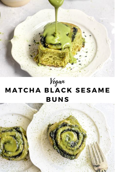 These Vegan Matcha Black Sesame Sticky Buns make the best vegan matcha dessert recipe. Matcha bread dough is filled with a black sesame sugar filling and topped with matcha icing for a beautiful dessert recipe. A truly delicious matcha black sesame dessert that is great for baking as for a sweet weekend brunch. A sweet vegan brunch for a crowd or potluck! #vegan #matcha #blacksesame #recipe #sgtoeats Matcha Icing, Potluck Vegan, Sesame Dessert, Matcha Black Sesame, Black Sesame Dessert, Matcha Bread, Matcha Dessert Recipes, Healthy Vegan Dessert, Sticky Buns Recipes