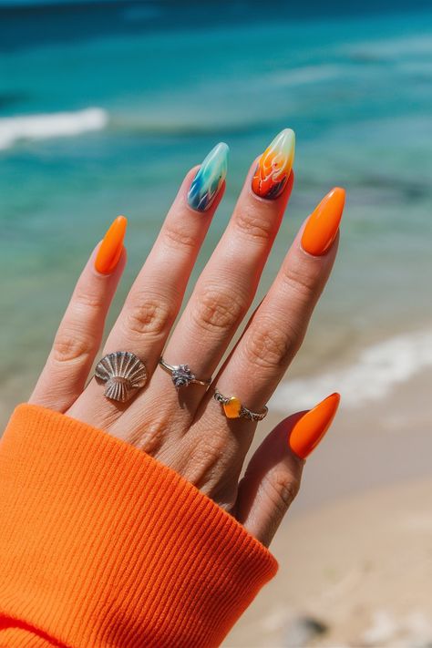 Bring the tropical summer vibes to your nails! These tropical summer nails feature neon orange with palm trees, stunning hibiscus gradients, bright rainbow ombré, fiery red-to-yellow flames, and beachy seashell accents—perfect for your next vacation or summer party! ☀️🌊

Want to try these bold and beautiful designs? Click to explore the best tropical summer nails and get inspired for your next manicure! 💅🌺

#TropicalSummerNails #SummerNailArt #BeachNails #VibrantNails #PalmTreeNails #HibiscusNails #OmbréNails #NailInspo Tropical Summer Nails, Summer Nails Bright, Vacay Nails, Beach Nail Art, Palm Tree Nails, Beach Nail, Nails Bright, Vibrant Nails, Bright Rainbow