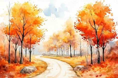 Fall Tree Watercolor Painting, Forest Reference, Tree Watercolor Painting, Autumn Watercolor, Learn Watercolor Painting, Wallpaper Watercolor, Autumn Wallpaper, Learn Watercolor, Watercolor Tree