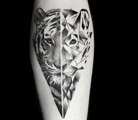 Tattoo photo - Tiger tattoo by Guillaume Martins Geometric Tiger Tattoo, Tiger Tattoo Thigh, Geometric Tiger, Tiger Tattoo Sleeve, Animals Tattoo, Tiger Tattoo Design, Fashion Boards, Sharpie Tattoos, Tattoos For Women Half Sleeve