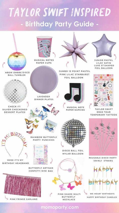 Get ready to party like Taylor at your birthday with these Taylor Swift inspired party goods featuring pastel tones, musical notes, disco balls, and her signature butterflies. This guide is perfect for Swiftie moms who want to make their child's next birthday party as unique and memorable as their idol. Don't wait for the next Taylor's Tour - let your kid be the star of their own Swift-tastic birthday party! Check out momoparty.com for more party ideas. T Swift Birthday, Taylor Swift 11th Birthday, First Era Birthday Party, Era Tour Party Ideas, Taylor Swift 13 Birthday Ideas, Eras Tour Birthday Theme, Taylor Swift Birthday Party Outfit Ideas, Taylor Swift Party For Kids, Taylor Swift 11th Birthday Party Ideas