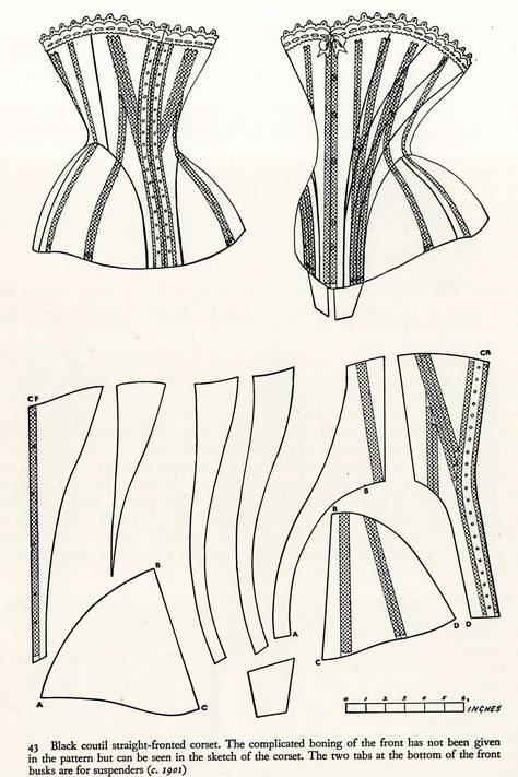 Corset with complicated boning of front 19th Century Corset, Edwardian Corsets, Victorian Corset, Corset Sewing Pattern, Corset Fashion, Corset Pattern, Costume Patterns, Retro Mode, Sewing Design