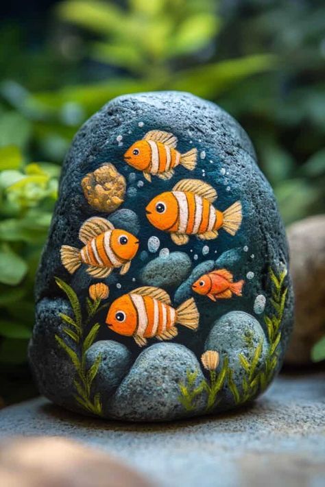 Under the Sea Rock Painting Round Painted Rocks, Magnet Crafts Ideas, Chickens Painted On Rocks, Cute Stone Painting, Sea Rock Painting, Painted Stones And Rocks, Stone Painting Ideas Creative, Pet Rock Ideas, Large Rock Painting Ideas