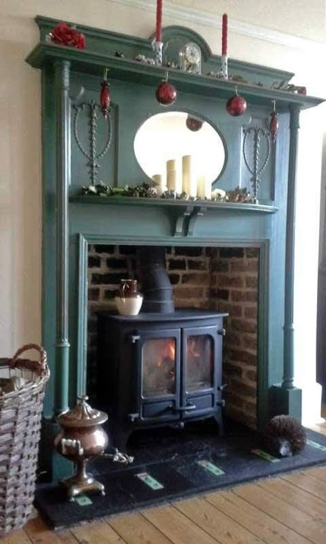 Victorian Living Room Wood Burner, Wood Burner Fireplace Edwardian, Victorian Style Fireplace Ideas, Vintage Fireplace Hearth, Edwardian Fireplace Surround, Pot Belly Stove Fireplace Living Rooms, Edwardian Fireplace Ideas, Cast Iron Fireplace Living Room, Green Painted Fireplace