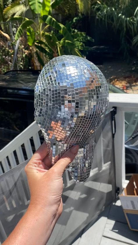 Diy Melted Disco Ball, Melty Disco Ball Diy, Melting Disco Ball, Styrofoam Glue, Little Mirrors, Chrome Spray Paint, Disco Ball Decor, 70s House, Disco Ball