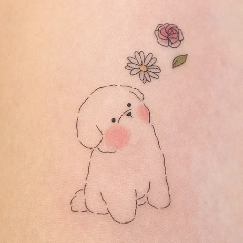 Toy Poodle Tattoo, Cartoon Dog Tattoo, Vintage Aesthetic Tattoos, Cat And Dog Tattoo, Small Colorful Tattoos, Timeless Tattoo, Nostalgic Aesthetic, Aesthetic Tattoos, Small Pretty Tattoos