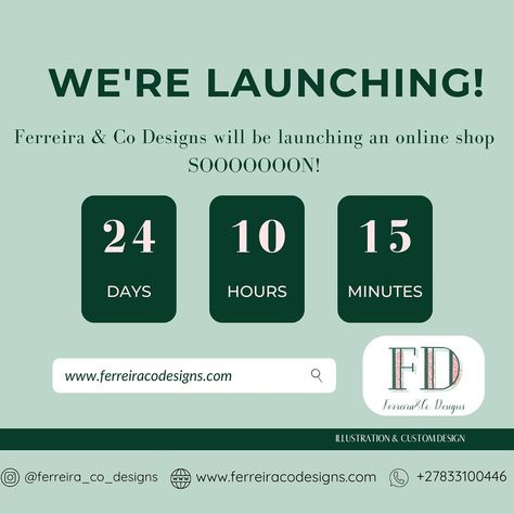 The countdown has begun! Follow along with me as I build Ferreira & Co’s online shop. Bit by bit, slowly… yet pretty quick… 27 April is just 24 days away! And I’ll be revealing what will be on the website… day by day. Follow along for exciting updates! 🚀 #websitelaunch #onlinestore #creative #creativebusiness #smallbusiness #southafrica #southafricanart #southafricandesign #localartist #digitaldesign #stationary Countdown Website, South African Design, South African Art, Website Launch, Day By Day, Co Design, Local Artists, Creative Business, Digital Design