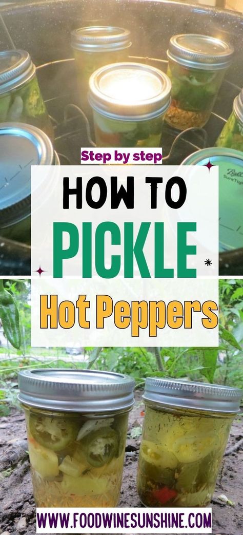 How To Pickle Hot Peppers | Pickling peppers is an easy way to use some of the peppers in your garden. Pickled hot peppers, canned habaneros and jalapenos, are a delicious topping on burgers, sandwiches or even on their own. | Food Wine Sunshine #canning #peppers #pickling #gardening #hotpeppers How To Pickle Cayenne Peppers, How To Can Hot Peppers From Garden, Pickled Hungarian Wax Peppers, How To Can Sweet Peppers, How To Can Poblano Peppers, Canned Habanero Peppers, Pickled Anaheim Peppers, Pickled Hot Peppers Recipes, Canning Pepperoncini Peppers