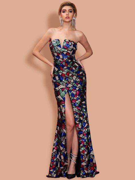 Free Returns ✓ Free Shipping On Orders $49+ ✓. Missord Notch Collar High Split Geo Sequin Dress- Women Dresses at SHEIN. Queen Gown, Special Event Outfit, Multicolor Sequins, Gorgeous Maxi Dresses, Sequin Wedding, Sequin Maxi Dress, Drag Queens, Full Length Dress, Evening Formal