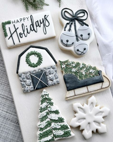 Jennessa Greenawalt-Vega (@mad.batter.cookieco) • Instagram photos and videos Christmas Sugar Cookies Decorated, Farm Cookies, Winter Cookie, Tree Cookies, Sleigh Bells, Sugar Cookie Designs, Christmas Tree Cookies, Xmas Cookies, Christmas Cookies Decorated