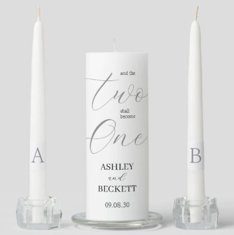 This modern script "Two Shall Become One" unity candle set with the bride and groom's names and initials as well as the wedding date is ideal for the the candle lighting ceremony at your wedding. It has side candles for the mothers/parents to light and a central candle for the bride and groom to light. It's beautiful, simple design it's perfect for any wedding. Using these candles at your ceremony will provide that extra special moment for all present. And, they make a lovely keepsake. Hobby Lobby Unity Candle, Black And White Unity Candle, Bride And Groom Candle Table, Outdoor Unity Candles, Diy Unity Candle Wedding, Candle Lighting Ceremony, Unity Candle Ceremony, Candle Modern, Candle Sets