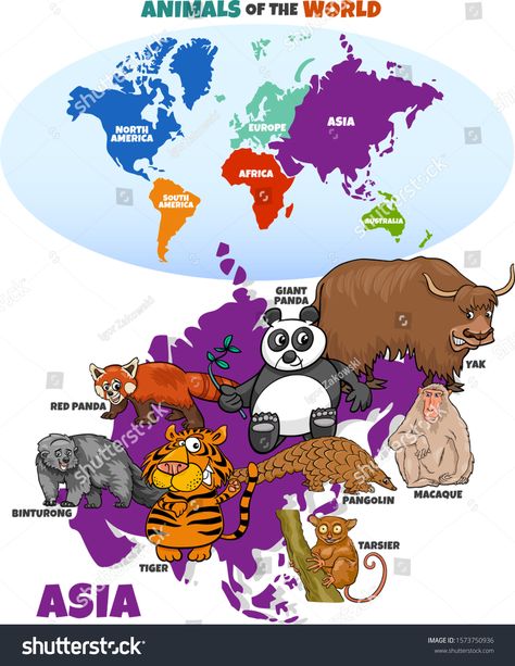 Educational Cartoon Illustration of Asian Animals and World Map with Continents #Ad , #AFF, #Illustration#Asian#Educational#Cartoon World Map With Continents, Continents Activities, Asian Animals, World Map Continents, Wild Animals Vector, North American Animals, Educational Illustration, North America Map, Preschool Activities Toddler