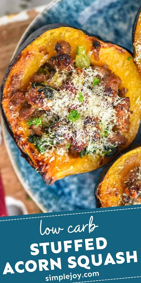 Sausage Stuffed Acorn Squash is going to be your new favorite low carb dinner. This great recipe is easy to make, healthy, filling and delicious! Acorn Squash Recipes Healthy, Sausage Stuffed Acorn Squash, Stuffed Acorn Squash, Acorn Squash Recipes, Roasted Squash, Acorn Squash, Fall Dinner, Squash Recipes, Low Carb Dinner