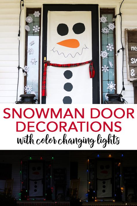 Make these snowman door decorations in just minutes then add color changing lights! The same decoration will work for Christmas and winter! #snowman #christmas #winter Door For Christmas, Diy Christmas Door Decorations, Rustic Christmas Gifts, Diy Christmas Door, Dollar Store Christmas Crafts, Snowman Door, Country Chic Cottage, Christmas And Winter, Diy Snowman