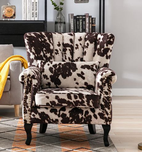 DM Furniture Cow Print Accent Chairs Set of 2 with Arm Comfy Velvet Living Room Chair Midcentury Modern Wingback Side Chair Single Sofa Couch for Bedroom... Whimsigoth Bedroom, Country Armchair, Printed Accent Chairs, House Location, Shed Office, Brown Armchair, Loft Home, Contemporary Accent Chair, Room Revamp