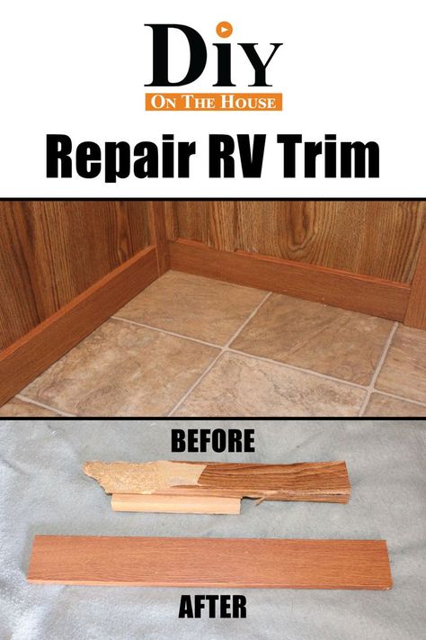 We had a very small water leak on our RV that caused awful water damage on the trim work. Watch the video to see how to replace the wood trim on your RV. It looks fantastic and was super easy to do! We show you how to replace wood trim in a RV a great RV Fake Wood Repair! #diyonthehouse Wood Valence, Trailer Updates, Particle Board Furniture, Rv Water Damage Repair, Work Watch, Cabinet Repair, Rv Furniture, Camper Maintenance, Water Damage Repair