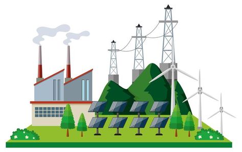 Power station with solar cell and turbines Station Drawing, Renewable Energy Design, Electric Station, Plant Drawing, Solar Cell, Plant Illustration, Power Station, Plant Art, All About Plants