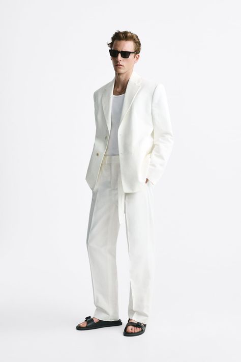 COTTON - LINEN SUIT BLAZER - White | ZARA India Zara Suit, Boy Styles, White Party Outfit, Zara Suits, Off White Blazer, Linen Suit, Todays Outfit, Fitted Blazer, White Blazer