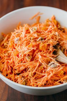 A simple and tasty carrot salad studded with apricots and pecans. The dressing in this carrot salad is delicious - you'll want it on all of your salads! Apricot Salad, Natashas Kitchen, Chicken Salads, Apricot Recipes, Eastern European Recipes, Pecan Salad, Ukrainian Recipes, Carrot Salad, Entree Recipes