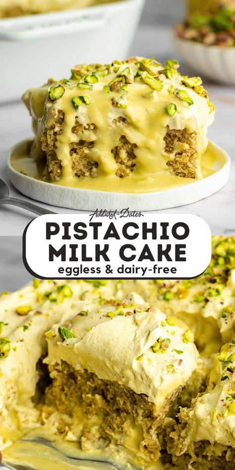 Lactose Free Tres Leches Cake, Pistachio Tres Leches Cake, Pistachio Milk Cake, Vegan Pistachio Cake, 3 Milk Cake, Vegan Sweetened Condensed Milk, Cake Tres Leches, Vegan Tart, Vegan Pistachio