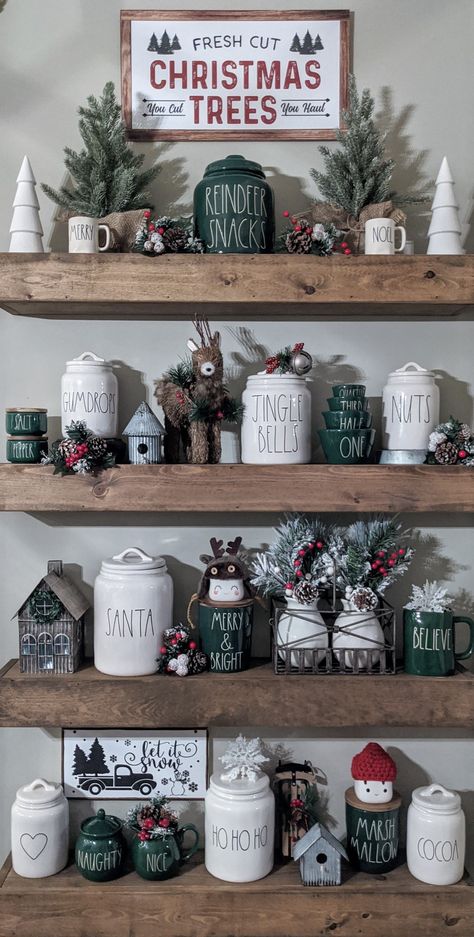 Rae Dunn Green Christmas Rae Dunn Christmas Display Ideas, Rae Dunn Green Christmas Display, Diy Rae Dunn Decor, Rae Dunn Christmas Decor, Christmas Rae Dunn Display, Rae Dunn Decorating Ideas, Christmas Hutch Decorating Ideas, Rae Dunn Christmas Display, Rae Dunn Christmas Tree