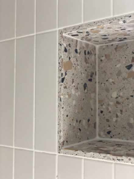 How to create a modern impactful bathroom with Mandarin Stone | Mandarin Stone Terrazzo Shower Niche, Porcelain Tiles Bathroom, Terrazzo Bathroom, Mandarin Stone, Bilik Air, Upstairs Bathrooms, Bathroom Inspo, Porcelain Flooring, Bathroom Renos