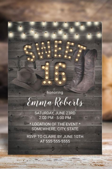 Cowgirl Rustic Barn Wood Western Sweet 16 Invitation Country Sweet 16 Party Ideas, Western Sweet 16, Country Sweet 16, Invitations Sweet 16, Country Themed Parties, 16 Invitations, Country Theme, Sweet 16 Invitations, Sweet 16 Parties