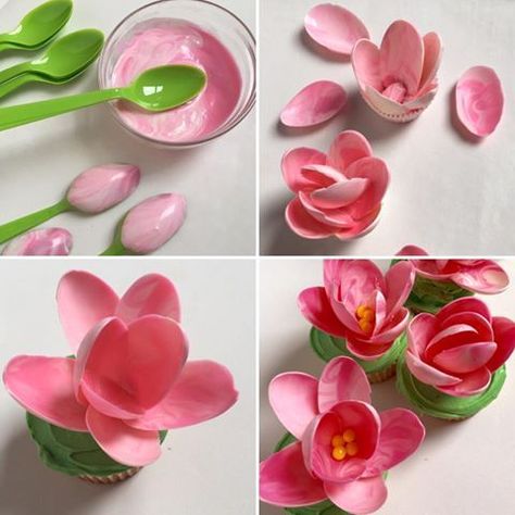 Magnolia Cupcakes, Candy Wafers, Chocolate Flowers, Chocolate Art, Modeling Chocolate, Pink Chocolate, Fondant Flowers, Flower Cupcakes, Plastic Spoons