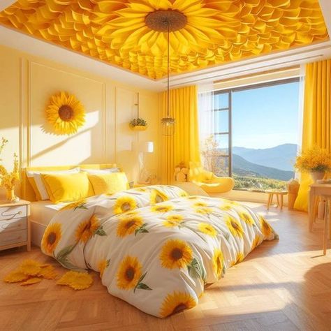 😜 Sunflower Bedroom Decor Ideas, Sunflower Bedroom Ideas, Purple And Yellow Bedroom, Colourful Bedroom, Sunflower Room, Beautiful Bedroom Colors, Tiktok Influencer, Coastal Decorating Living Room, Built In Shelves Living Room