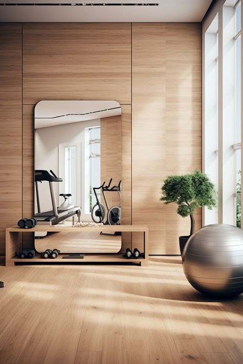 Step into serenity: A minimalist mirror gym room designed for focused fitness. Inspired by Swiss simplicity, the wood accents harmonize with the crisp clarity of Equinox aesthetics.  #MinimalistDesign #SwissStyle #EquinoxInspired #GymDecor #ModernInteriors #FitnessSpaces #CrispDesign #WoodAccents #InteriorGoals" Basement Wellness Room, Zen Gym Design, Home Gym Minimalist, Equinox Gym Aesthetic, Zen Home Gym, Home Gym Mirror Ideas, Home Gym Modern, Home Gym Yoga Room, Home Gym Aesthetic