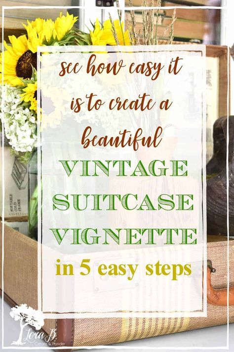 Here are 5 simple steps to creating a fun vignette in a vintage suitcase. Unique home decor accent and great repurpose. Vintage Booth Display Ideas, Vintage Suitcase Wedding, Suitcase Display, Vintage Suitcase Decor, Suitcase Ideas, Old Luggage, Suitcase Decor, Vintage Store Displays, Vintage Booth Display