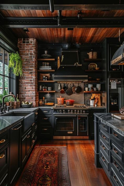 Top 28 Breathtaking Rustic Black Kitchen Designs Dark Academia Kitchen, Island Kitchens, Moody Kitchen, Your Space, Gothic Kitchen, Dining Room Victorian, Kitchens Ideas, Decorating Kitchen, Moody Interiors