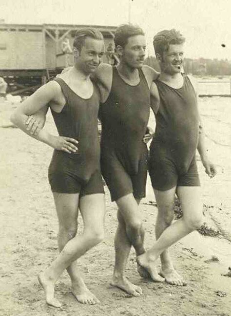 Vintage photo- three men on the beach in one-piece tanjk  bathing suit. Cow Boys, Jon Kortajarena, Francisco Lachowski, Vintage Everyday, Andrew Christian, Vintage Swimwear, David Gandy, Nick Jonas, Michael Buble